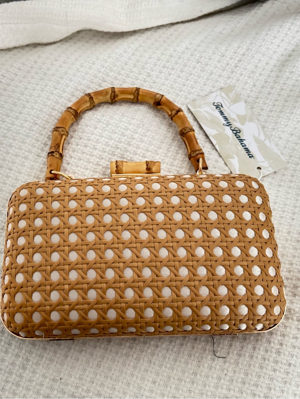 Tommy Bahama Tan Woven Clutch with Bamboo Handle